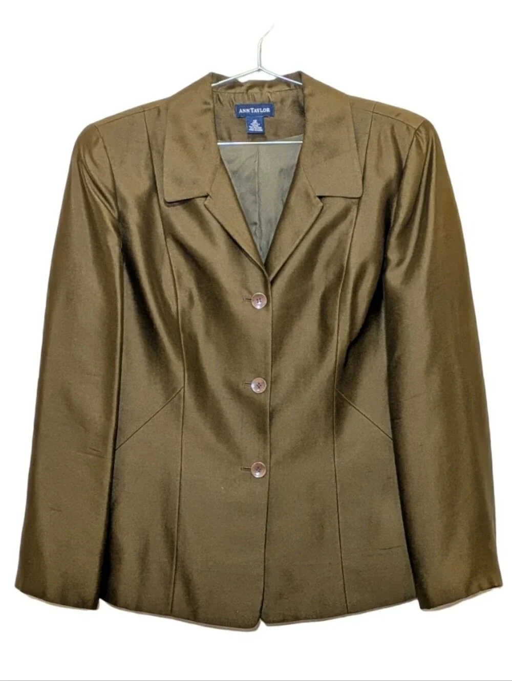 Ann Taylor | Olive Green Women's Tailored Button-Front Blazer | Jacket | Silk
